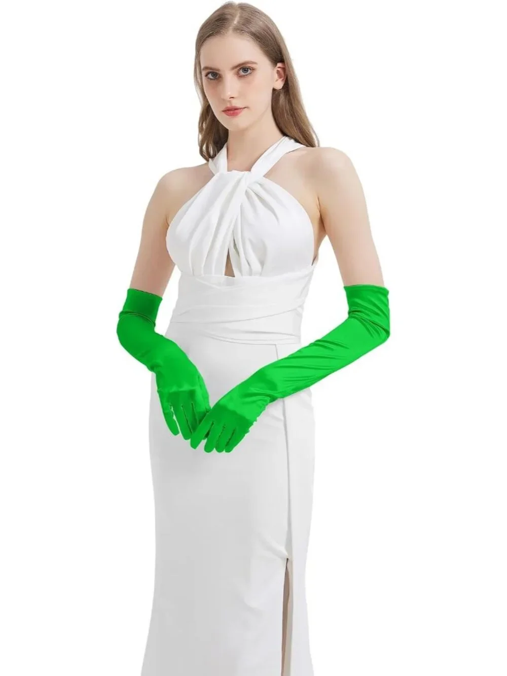Women's Bright Green Satin Opera Elbow Length 1920s Flapper Long Gloves Party